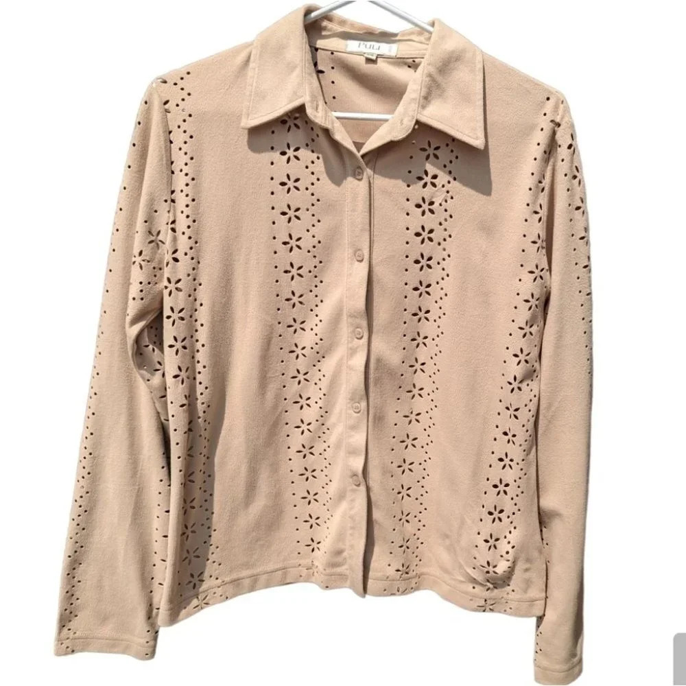 Vintage Puli Tan Button  Down Cut Out Blouse Velour Style Woman's Large